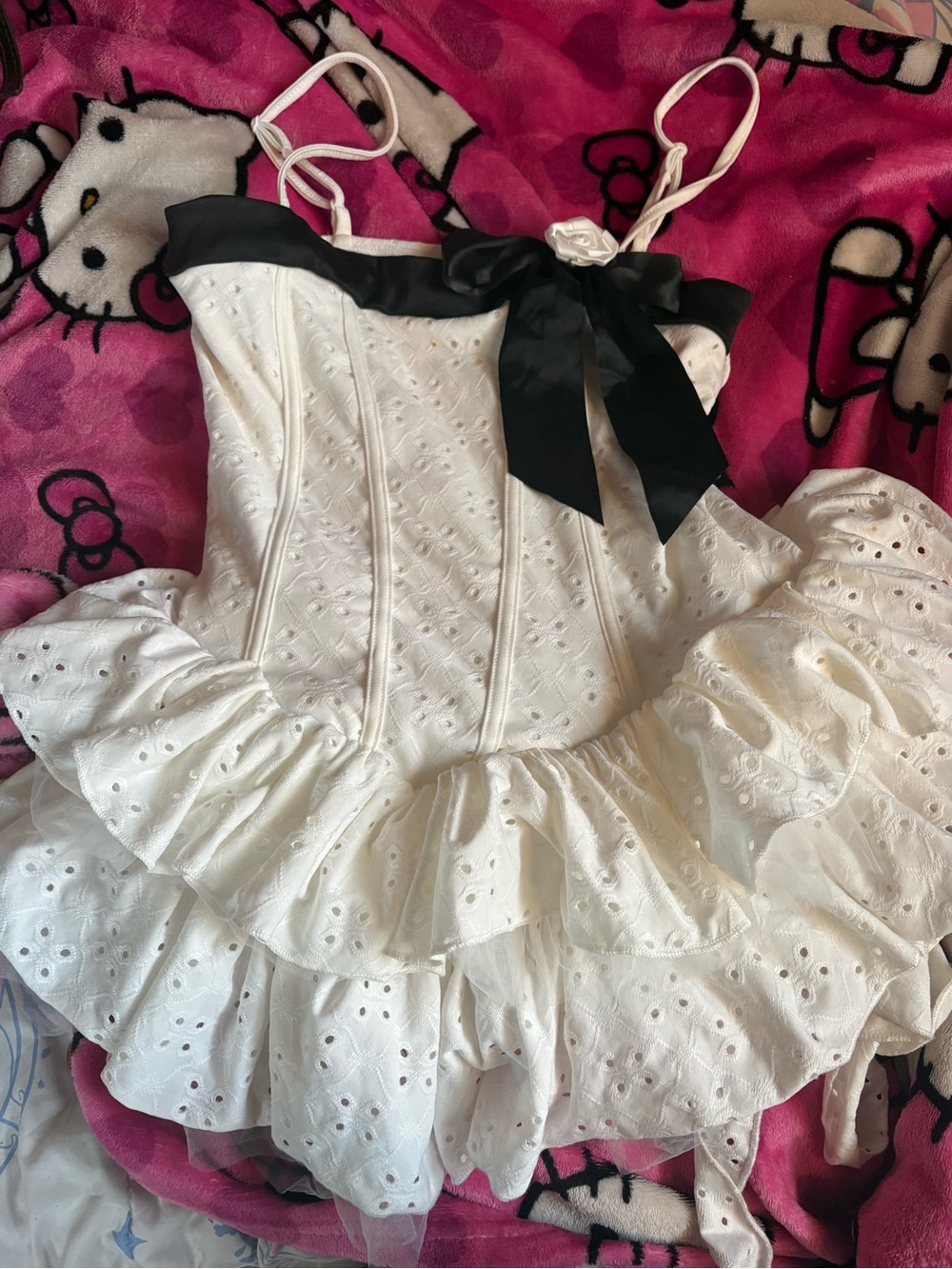 White Eyelet Ruffle Women Dress with Black Bow
